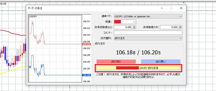 USD/JPYにおけるMT4のオーダーの発注画面