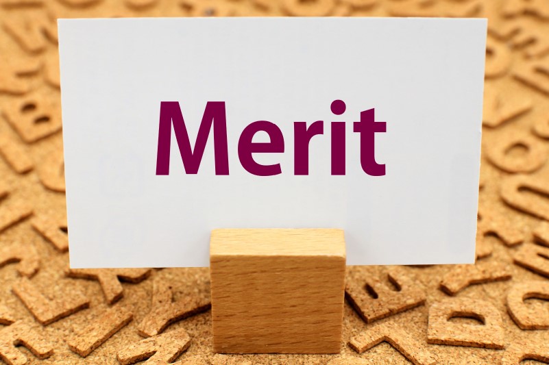 「Merit」と書かれた紙が木片で固定されている画像